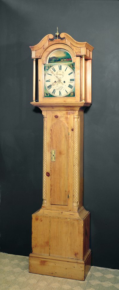 Staande klok, met emaille schilderij van een trein op de wijzerplaat, ca. 1850 door English School